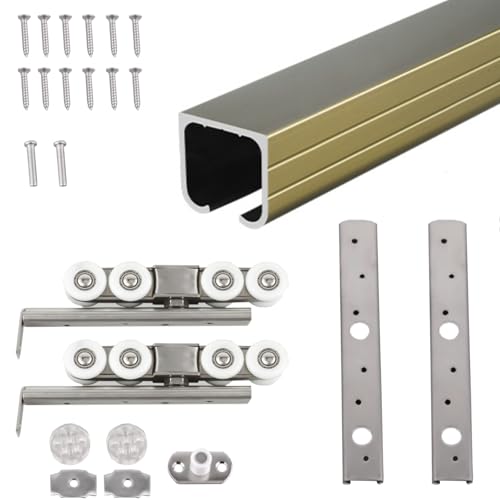 schiebetürbeschlag 90/120/180/300/450 cm Bypass-Schranktür-Hardware-Kit, Aluminiumlegierungs-Kastenschienen-Scheunentorschiene, Schiebetaschen-Türschiene(Gold,5ft/1.5m) von ERRULAN
