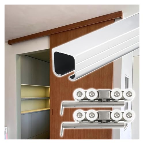 schiebetürbeschlag Schiebetürschiene und 8 Rollen, Schiebetürschienen-Set mit sanftem Schließen, Scheunentorbeschläge für Schränke mit einer Dicke von 3-5 cm(Black,8ft/2.40m) von ERRULAN