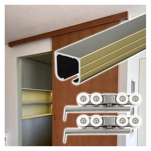 schiebetürbeschlag Schiebetürschiene und 8 Rollen, Schiebetürschienen-Set mit sanftem Schließen, Scheunentorbeschläge für Schränke mit einer Dicke von 3-5 cm(Gold,12.8ft/3.9m) von ERRULAN