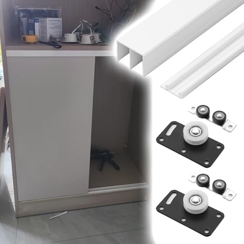 schiebetürbeschlag Schiebetürschienen-Set für Schränke, 3 Türen, Aluminium-Schiebetür-Beschlagrollen für 1.5-1.8cm Dicke, Bypass-Türschiene für Schrankschränke(Black,48 in/120 cm) von ERRULAN