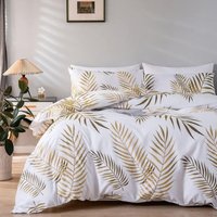 Bettbezug 220 x 240, tropisches Palmenblätter-Muster, Gold und Weiß, botanisches Bettset mit Reißverschluss – Doppelbett-Bettwäsche für Erwachsene von ERSANDY