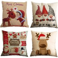 Kissenbezug, 4er-Set, Baumwolle und Leinen, Weihnachtselch, Weihnachtsmann, Schneemann, Zwerg, bedruckt, quadratischer Kissenbezug für Bett, Auto, von ERSANDY