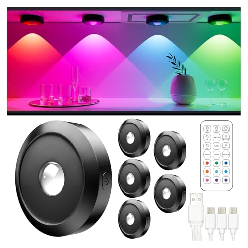 ERSDGG 6 Stück Zum Mini Spot LED Puck Light - 1500mAh Akku, 12 Farben Light, dimmbare & zeitgesteuerte Schrankbeleuchtung mit Fernbedienung, 3 Lights Modi, lange Batterielebensdauer von ERSDGG