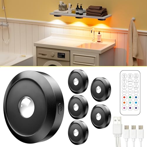 ERSDGG 6 Stück Zum Mini Spot LED Puck Lights - 1500mAh Led Spot Akku, 3000K/4500K/6000K&9 RGB, Dimmbare & zeitgesteuerte Schrankbeleuchtung mit Fernbedienung, 3 Lights Modi ERSDGG 6 Stück Zum Mini Spot LED Puck Lights - 1500mAh Led Spot Akku, 3000K/4500K/6000K&9 RGB, Dimmbare & zeitgesteuerte Schrankbeleuchtung mit Fernbedienung, 3 Lights Modi von ERSDGG