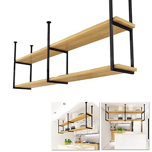 Schwebende Regale, dekoratives 2-stöckiges Holzregal, Küchen-Lagerregal mit an der Decke hängendem Metall-Eisenrahmen, Pflanzenregal, Blumentopfständer, Weinhalter für Bars, Wohnzimmer/Restaurants Schwebende Regale, dekoratives 2-stöckiges Holzregal, Küchen-Lagerregal mit an der Decke hängendem Metall-Eisenrahmen, Pflanzenregal, Blumentopfständer, Weinhalter für Bars, Wohnzimmer/Restaurants von ERSINIAN