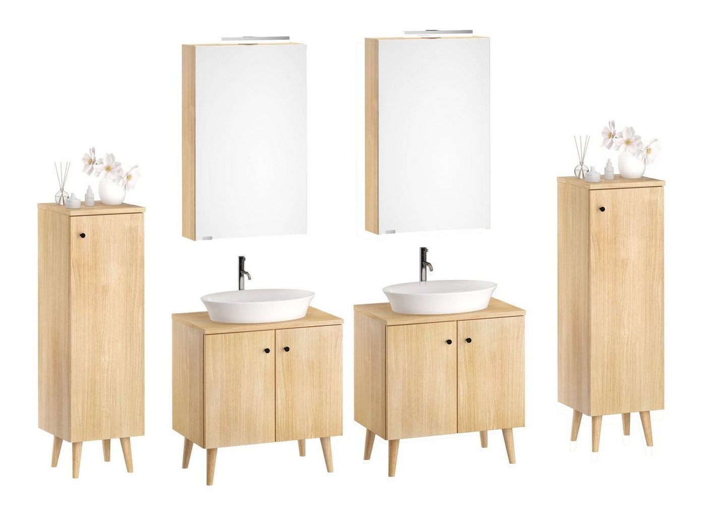 ERST-HOLZ Badmöbel-Set Badmöbel Eiche-Dekor Spiegelschrank Waschtisch Badschrank mit Füßen, (Doppel Set mit Füße) von ERST-HOLZ