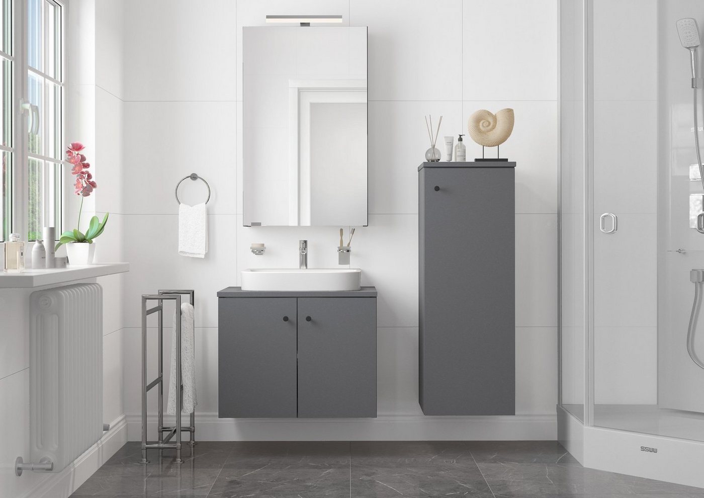 ERST-HOLZ Badmöbel-Set Badmöbel Spiegelschrank Waschtisch Schrank halbhoch Set grau, (Set ohne Füße) von ERST-HOLZ
