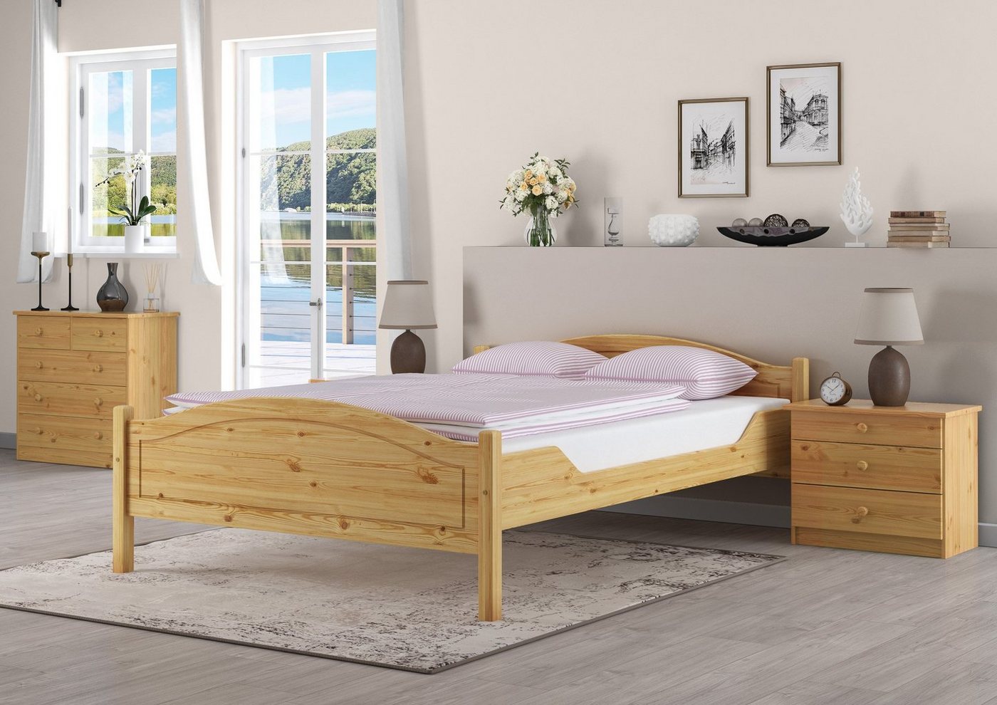 ERST-HOLZ Bett Doppelbett Bett Landhausstil Kiefer massiv 140x200 Zubehör wählbar, Kieferfarblos lackiert von ERST-HOLZ