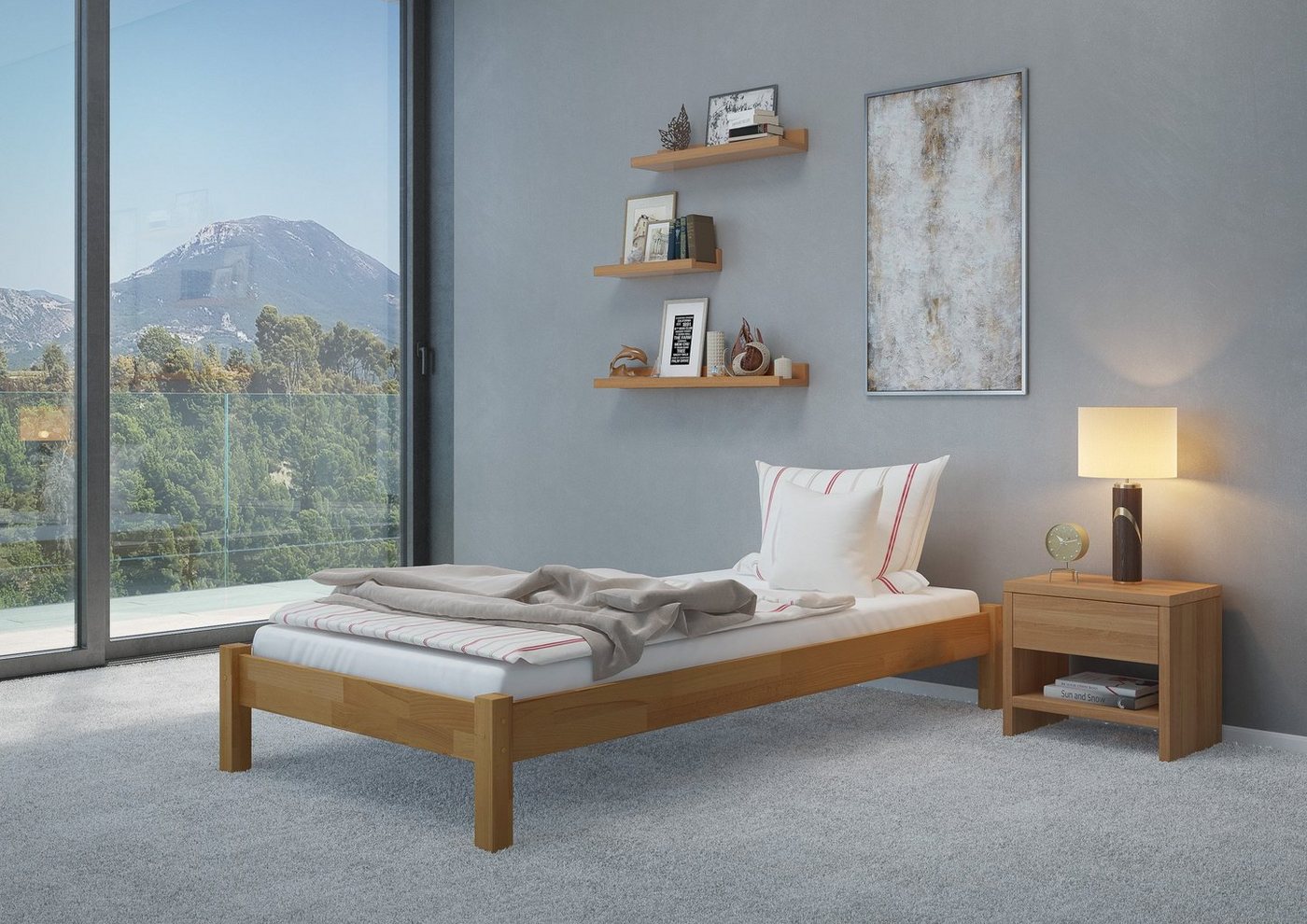 ERST-HOLZ Bett Bettenset Buche Einzelbett 100x200 mit Federleisten und Matratze, Buchefarblos lackiert von ERST-HOLZ