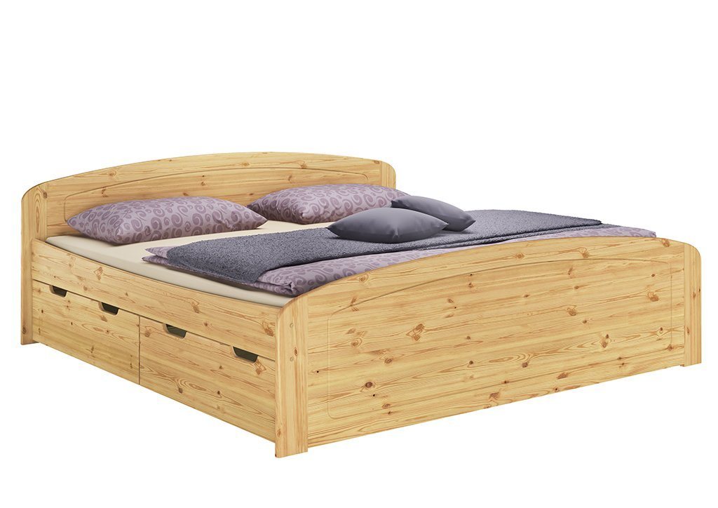 ERST-HOLZ Bett Funktionsbett 200x200 Kiefer mit 3 Bettkästen + Federleisten, Kieferfarblos lackiert von ERST-HOLZ