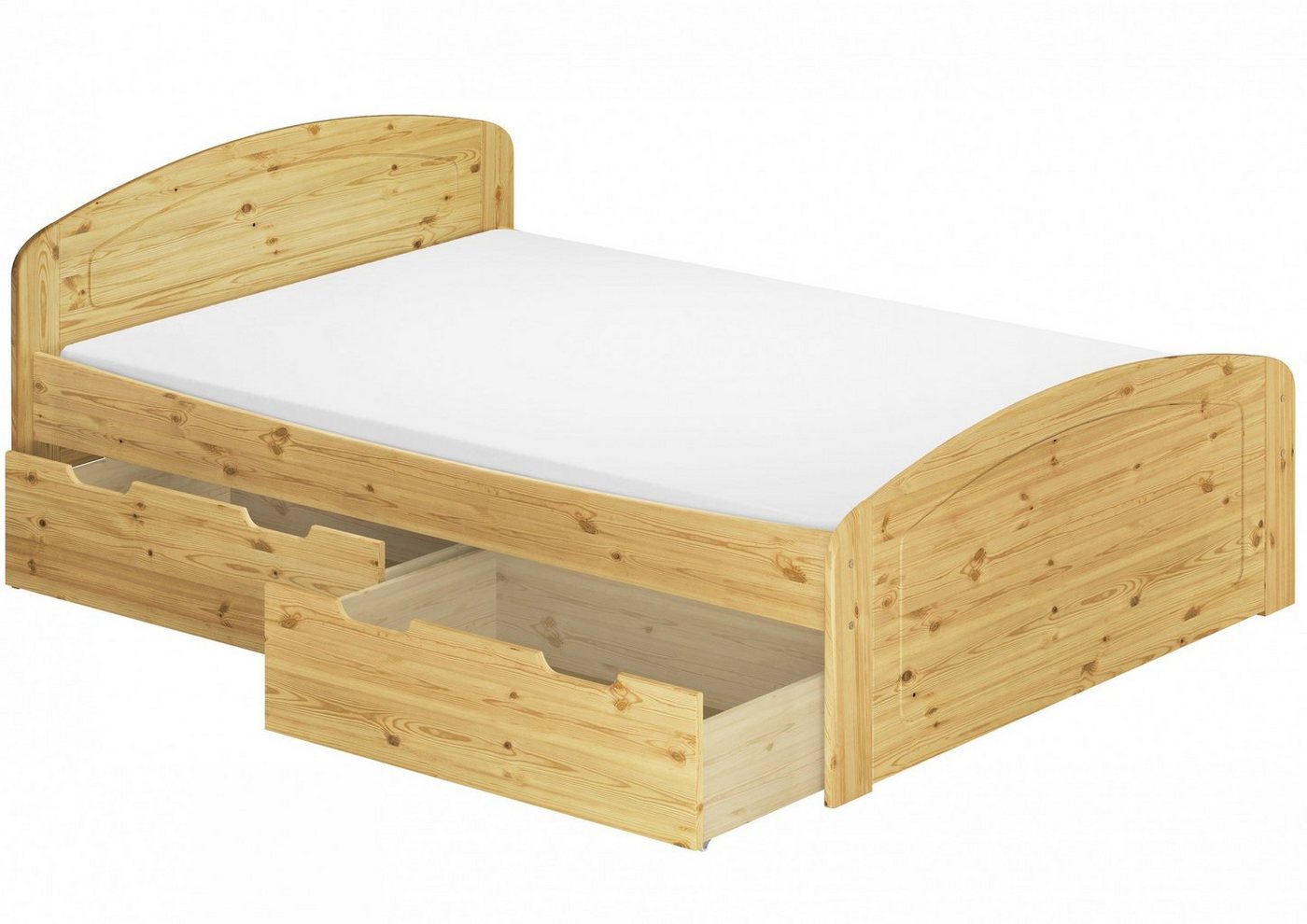 ERST-HOLZ Bett Französisches Bett mit 3 Bettkästen, Matratze und Lattenroste 140x200, Kieferfarblos lackiert von ERST-HOLZ