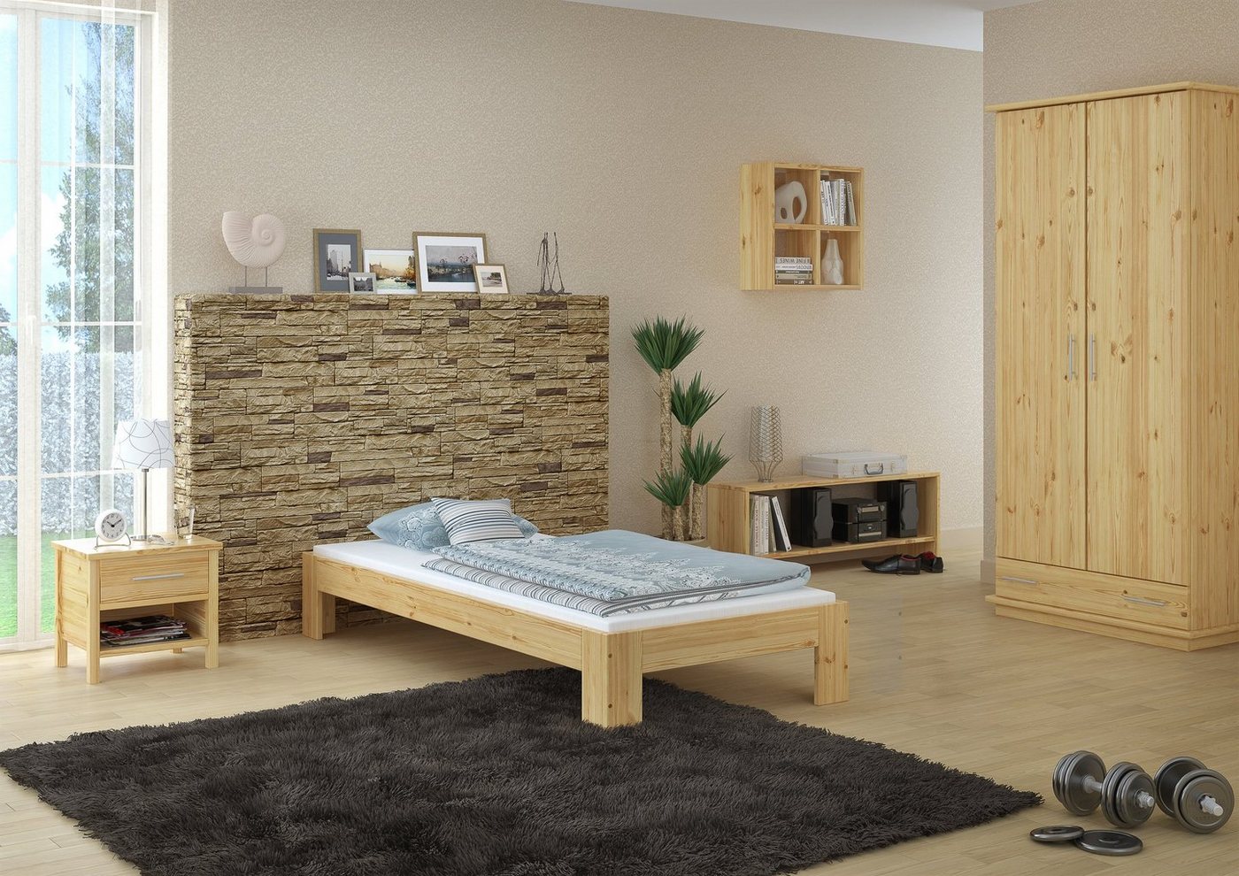 ERST-HOLZ Bett Futonbett Einzelbett Massivholzbett Kiefer Natur 90x200 Rollrost, Kieferfarblos lackiert von ERST-HOLZ