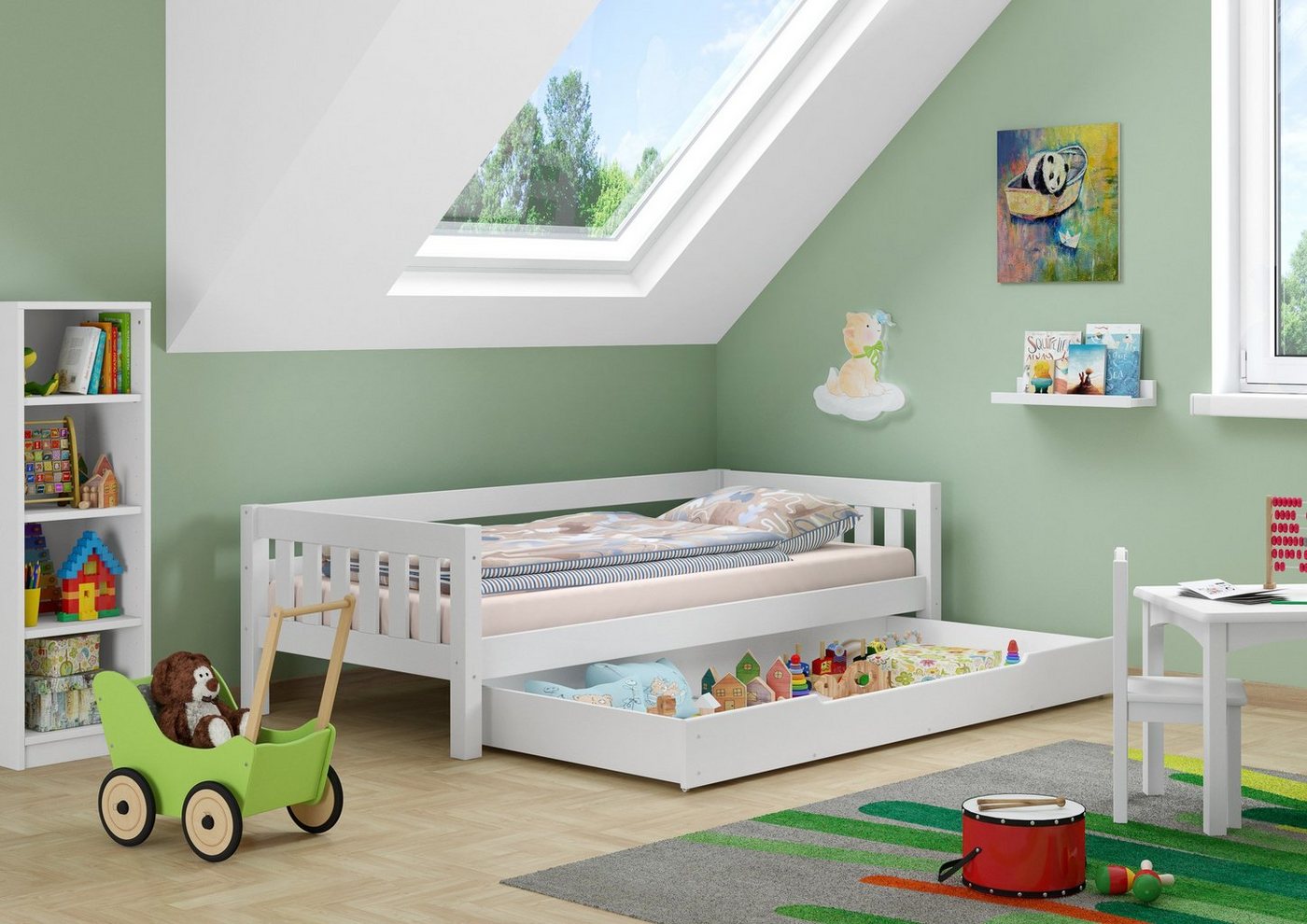 ERST-HOLZ Bett Gemütliches Kinderbett mit dreiseitiger Sicherung 90x200 Kiefer weiß, Kieferwaschweiß von ERST-HOLZ
