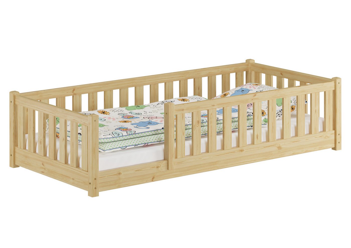 ERST-HOLZ Bett Holzbett, Baby-Bett, Flachbett mit Rundumsicherung Kiefer, Kieferfarblos lackiert von ERST-HOLZ