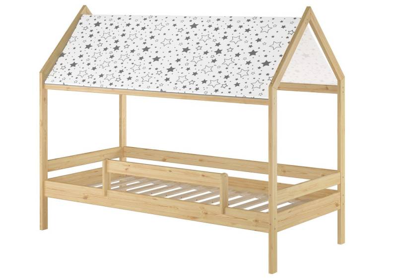 ERST-HOLZ Bett Kinderbett Hausbett 90 x 200 mit Himmel und Rausfallschutz Kiefer, Kieferfarblos lackiert von ERST-HOLZ