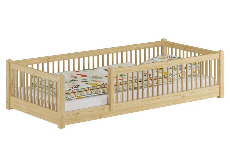 ERST-HOLZ Bett Kinderbett niedriges Bodenbett Kiefer natur 90x200 Kleinkinder, Kieferfarblos lackiert von ERST-HOLZ