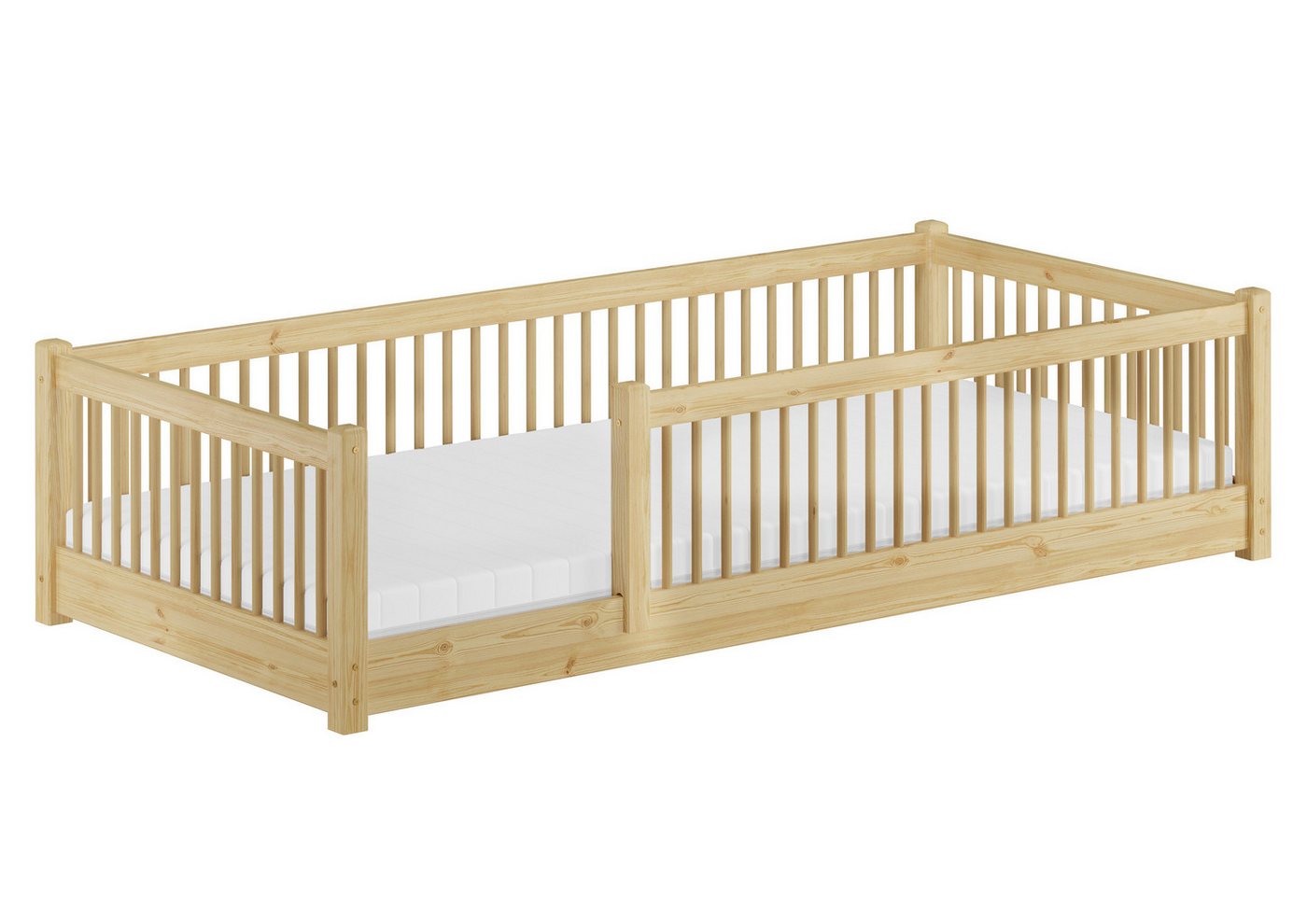 ERST-HOLZ Bett Kinderbett niedriges Bodenbett Kiefer natur 90x200 Kleinkinder, Kieferfarblos lackiert von ERST-HOLZ