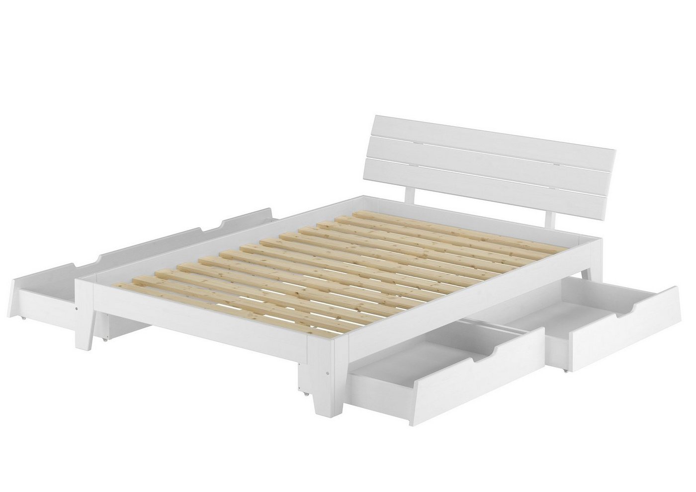 ERST-HOLZ Bett Weißes Doppelbett 140x200 Kiefer massiv Schubladenset Zubehör wählbar, Kieferwaschweiß von ERST-HOLZ