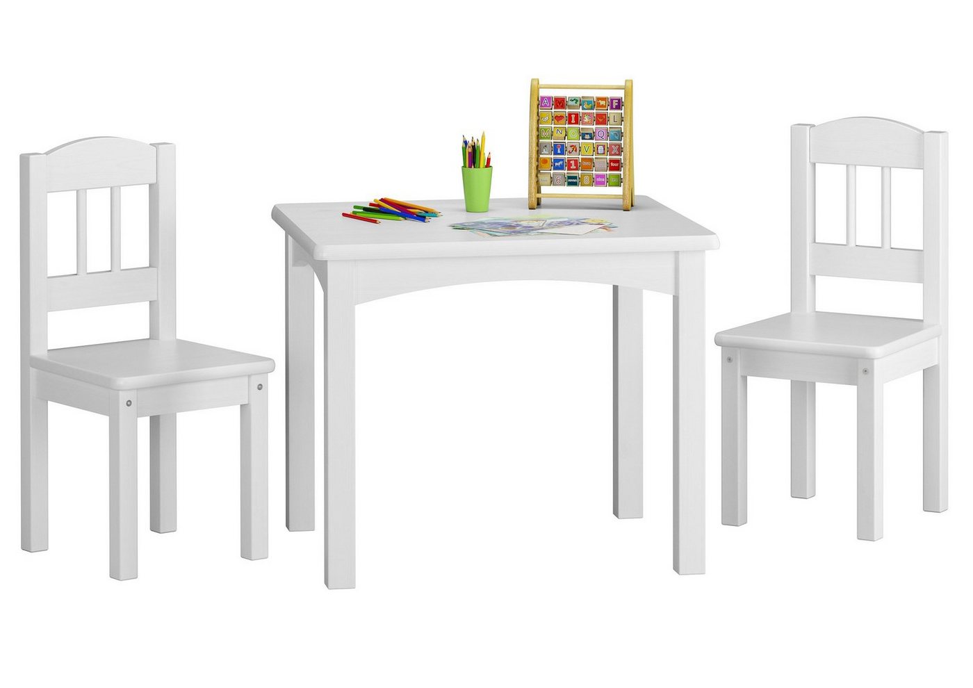 ERST-HOLZ Essgruppe Kindersitzgruppe in weiß oder Holzfarbe Massiv mit Tisch und 2 Stühlen von ERST-HOLZ