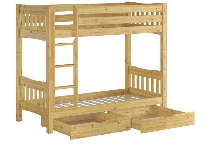 ERST-HOLZ Etagenbett Etagenbett 90x200 Kiefer massiv mit Rollrosten + Bettkasten S2 von ERST-HOLZ