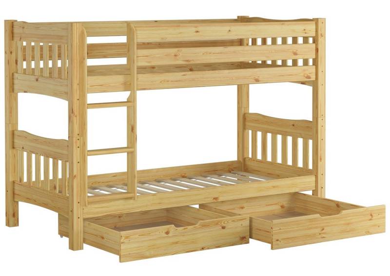 ERST-HOLZ Etagenbett Etagenbett 90 x 200 Kiefer Massiv mit Rollrosten und Doppelstaukasten von ERST-HOLZ