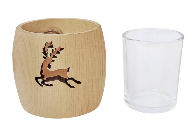 ERST-HOLZ Teelichthalter Zirben Teelichter mit Glas und Gravur Stern, Hirsch und Herz (Hirsch) von ERST-HOLZ