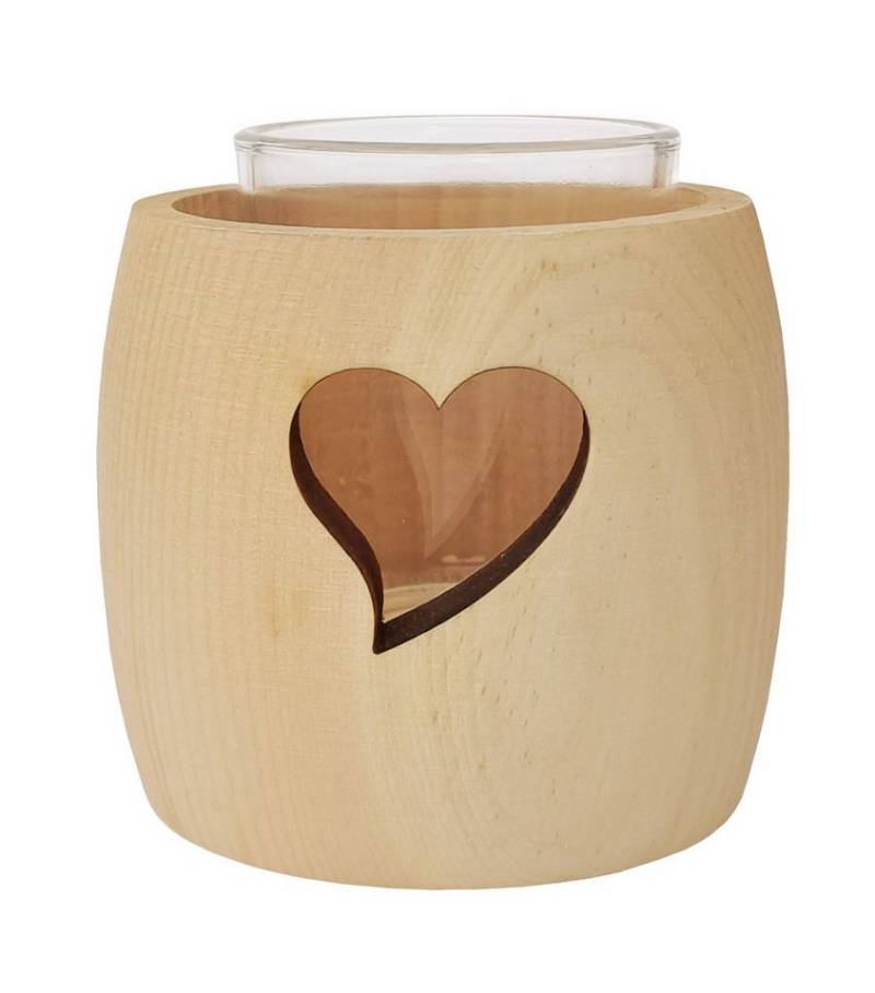 ERST-HOLZ Teelichthalter Zirben Teelichthalter mit Glas und Ausschnitt Stern Hirsch und Herz (Herz), Herz von ERST-HOLZ