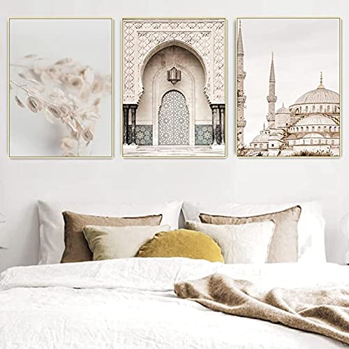 ERTLKP Islamische Bilder Wohnzimmer Schlafzimmer Arabische Deko,Islamische Architektur Malerei Arabische Wandkunst Bilder,Kein Rahmen (Traumgrasspitze,30x 40cm*3) von ERTLKP