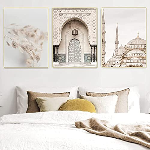 ERTLKP Islamische Bilder Wohnzimmer Schlafzimmer Arabische Deko,Islamische Architektur Malerei Arabische Wandkunst Bilder,Kein Rahmen (Traumgrasspitze,50x70cm*3) von ERTLKP