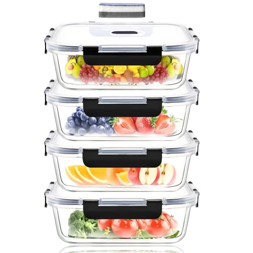 ERUIV Meal Prep Boxen Glas, [4 Behälter + 4 Deckel] Meal Prep Glas-1520ml, Frischhaltedosen Glas, Gefrierdosen Set Mit Dampfventil, Glasdose transparent Mit Deckel, BPA-freie Vorratsdose Glas von ERUIV