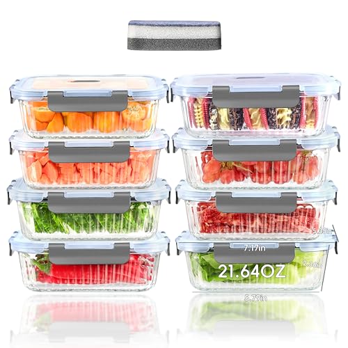 ERUIV Meal Prep Boxen Glas, 8 Set Frischhaltedosen mit Deckel, 640 ML Vertikalen Streifen Glasschüssel mit Deckel, Glasbehälter mit Deckel-luftdicht Auslaufsicher, Vorratsdosen Glas mit BPA-frei von ERUIV