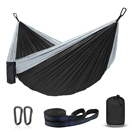 Hängematte Camping, tragbare Einzelhängematten für Outdoor, Wandern, Reisen, Rucksackreisen – 210D Nylon-Hängematte, Schaukel für Hinterhof und Garten, 140 cm B 274 cm L (schwarz/grau) von ERUW