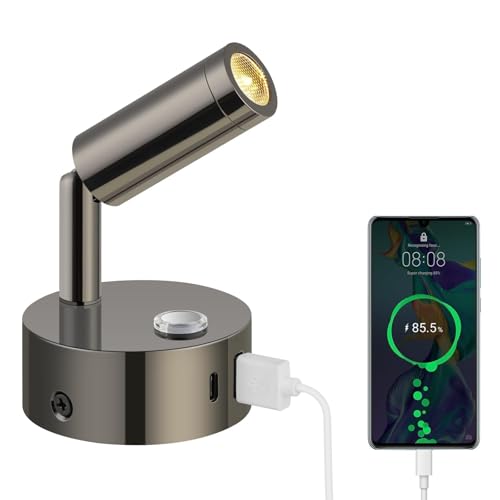 ERWEY 12V Leselampe Wohnmobil, LED Wandleuchte Bettlampe mit Schalter Touch Dimmbar 3000K-6000K,DC 12V-24V Spot Wohnmobilbeleuchtung mit USB A+C-Anschlüssen für Boot Auto Camper Van (Glanz Schwarz) von ERWEY