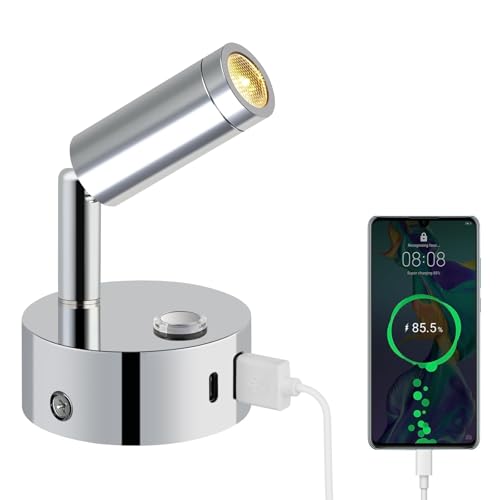 ERWEY 12V Leselampe Wohnmobil, LED Wandleuchte Bettlampe mit Schalter Touch Dimmbar 3000K-6000K,DC 12V-24V Spot Wohnmobilbeleuchtung mit USB A+C-Anschlüssen für Boot Auto Camper Van (Silber) von ERWEY