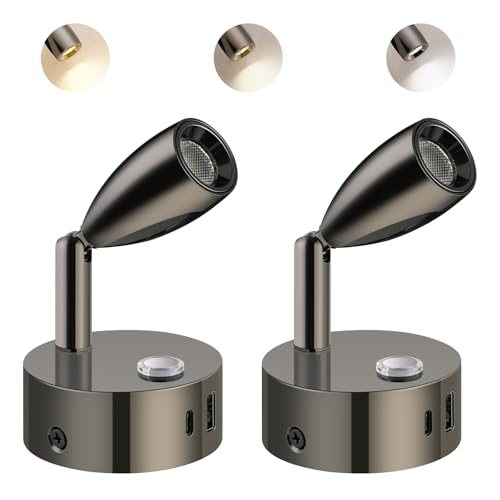 ERWEY 2 Stück DC 12V Leselampe Wohnmobil Wandmontage, LED Bettlampe Touch Dimmbar & 3 Farbtemperatur Modi und USB A+C Ladeanschluss für Boot Auto Camper Van Yacht Wohnwagen, Glanz Schwarz von ERWEY