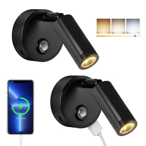 ERWEY 2 Stück LED Leselampe 12V Wohnmobil Touch Dimmbar 3 Farbtemperatur Modi mit Ladefunktion USB A+C-Anschlüssen, DC 12V-24V Spot Innenbeleuchtung für Boot Auto Camper Van Yacht, Schwarz von ERWEY