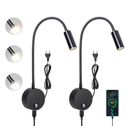 ERWEY 2 Stück Leselampe Wand, LED Wandleuchte Touch Dimmbar 3 Farbtemperatur Modi, Schwanenhals Bettlampe mit USB Ladeanschluss für Schlafzimmer, Schwarz von ERWEY