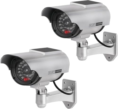 ERWEY 2 Stück Solar Dummy Kamera Fake Überwachung Kamera CCTV mit Blinkendem LED Licht Sicherheitskamera,Silber von ERWEY