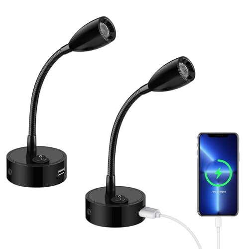 ERWEY 2er LED Leselampe 12V Wohnmobil, 3W 3000K Wandleuchte Bettlampe mit Flexible Schwanenhals und USB-Ladeanschluss DC12-24V Spot für Boot, Yacht, Auto, Van Wohnwagen Innenbeleuchtung, Schwarz von ERWEY