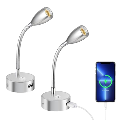 ERWEY 2er LED Leselampe 12V Wohnmobil, 3W 3000K Wandleuchte Bettlampe mit Flexible Schwanenhals und USB-Ladeanschluss DC12-24V Spot für Boot, Yacht, Auto, Van Wohnwagen Innenbeleuchtung, Silber von ERWEY