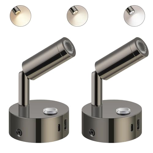 ERWEY 2er LED Leselampe 12V Wohnmobil,Wandleuchte Bettlampe mit Schalter Touch Dimmbar 3000K-6000K, DC 12V-24V Spot Innenbeleuchtung mit USB A+C-Anschlüssen für Boot Auto Van Yacht (Glanz Schwarz) von ERWEY