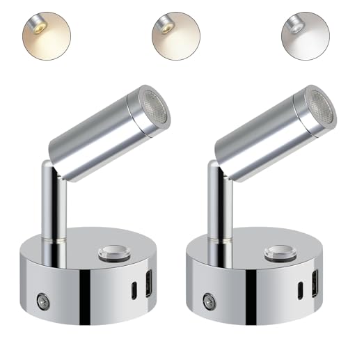 ERWEY 2er LED Leselampe 12V Wohnmobil,Wandleuchte Bettlampe mit Schalter Touch Dimmbar 3000K-6000K, DC 12V-24V Spot Innenbeleuchtung mit USB A+C-Anschlüssen für Boot Auto Van Yacht (Silber) von ERWEY