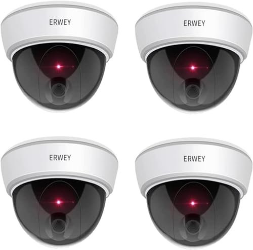 ERWEY Kamera Attrappe mit Objektiv Videoüberwachung Warensicherung Überwachungskamera Fake Camera mit rotem LED Licht für Wand Decke 4 Set mit gelochtem Papier 4Stk. von ERWEY