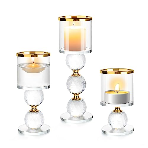 ERWEY Kerzenständer 3er Set Kristall Kerzenhalter Stumpenkerzen Glas Kerzen Ständer Modern Kerzenhalter Stabkerze Teelichthalter für Hochzeit Wohnzimmer Tischdeko Party Deko (3 Stück, Gold) von ERWEY