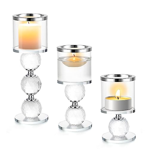 ERWEY Kerzenständer 3er Set Kristall Kerzenhalter Stumpenkerzen Glas Kerzen Ständer Modern Kerzenhalter Stabkerze Teelichthalter für Hochzeit Wohnzimmer Tischdeko Party Deko (3 Stück, Silber) von ERWEY