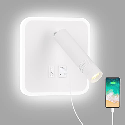 ERWEY LED Leselampe Wandmontage, Bettlampe verstellbar 3W 4000K+5W 6000K Wandleuchte Wandlampe mit Schalter und USB-Ladeanschluss für Bett, Schlafzimmer, Weiß von ERWEY