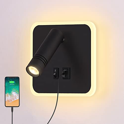 ERWEY LED Leselampe Wandmontage, Bettlampe verstellbar 3W 4000K+5W 3000K Wandleuchte Wandlampe mit Schalter und USB-Ladeanschluss für Bett, Schlafzimmer, Schwarz von ERWEY