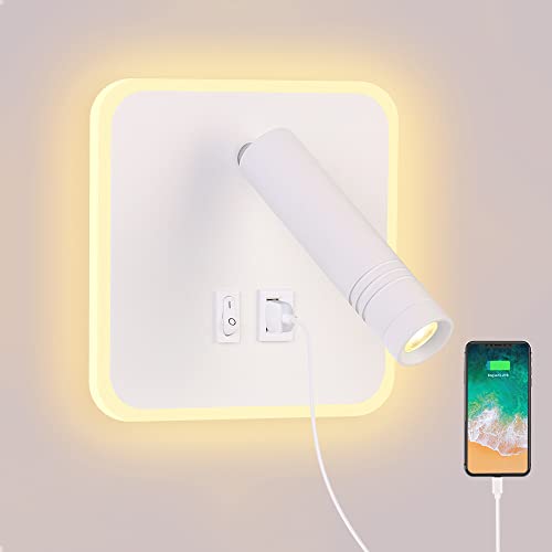 ERWEY LED Wandleuchte Leselicht Wandlampe Schlafzimmer Bettleuchte Leselampe Bett Wandmontage Nachttischlampe 3000K Wandleuchte 4000K Leselampe mit USB-Ladeanschluss (Quadratisch 138mm, Weiß) von ERWEY