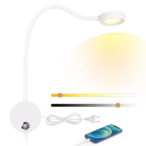 ERWEY LED Wandleuchte weiße Leselampe Wand, Bettleuchte mit Touch Button Einstellbar Licht 3000-6000K, 4W Bettlampe 360° Flexible Schwanenhals Lampe mit USB-Ladeanschluss für Bett, Schlafzimmer von ERWEY