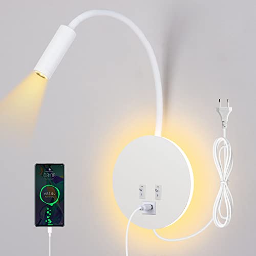 ERWEY Leselampe Bett, Leselampe Wandmontage 3W+8W Bettlampe mit Schalter und USB-Aufladung,LED Wandlampe Leselicht 360° Schwenkbar Schwanenhals mit Stecker und Kabel für Schlafzimmer, Weiß von ERWEY